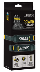 Die Verkaufsverpackung des Sidas Sidas Powerstrap P2 zeigt zwei schwarz-gelbe Skischuhbänder. Die Verpackung hebt die Kurvenkontrolle, die verbesserte Reaktivität, den Schienbeinkomfort, den Skikantenschutz und den elastischen Riemen hervor. Marke: Sidas.