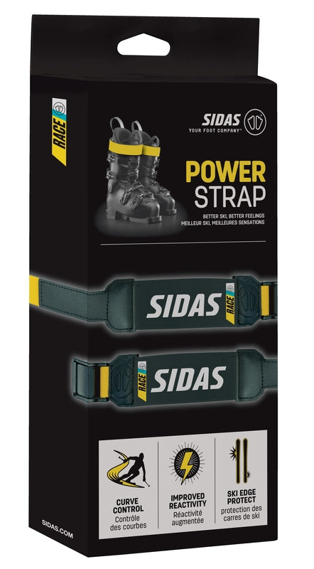 Eine schwarze Schachtel von Sidas Sidas Powerstrap P3 für Skischuhe, mit den Symbolen elastischer Strap, Curve Control, Improved Reactivity und Skischuhe Kontrolle, mit gelbem und weißem Text und Grafiken.