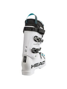 Der Head Raptor WCR 2 RV White 2026/2027 Skischuh in Weiß mit schwarzen Akzenten und Schnallen ist von hinten schräg vor einem einfarbig weißen Hintergrund abgebildet - gebaut für die Rennleistung, auf die Profisportler vertrauen.