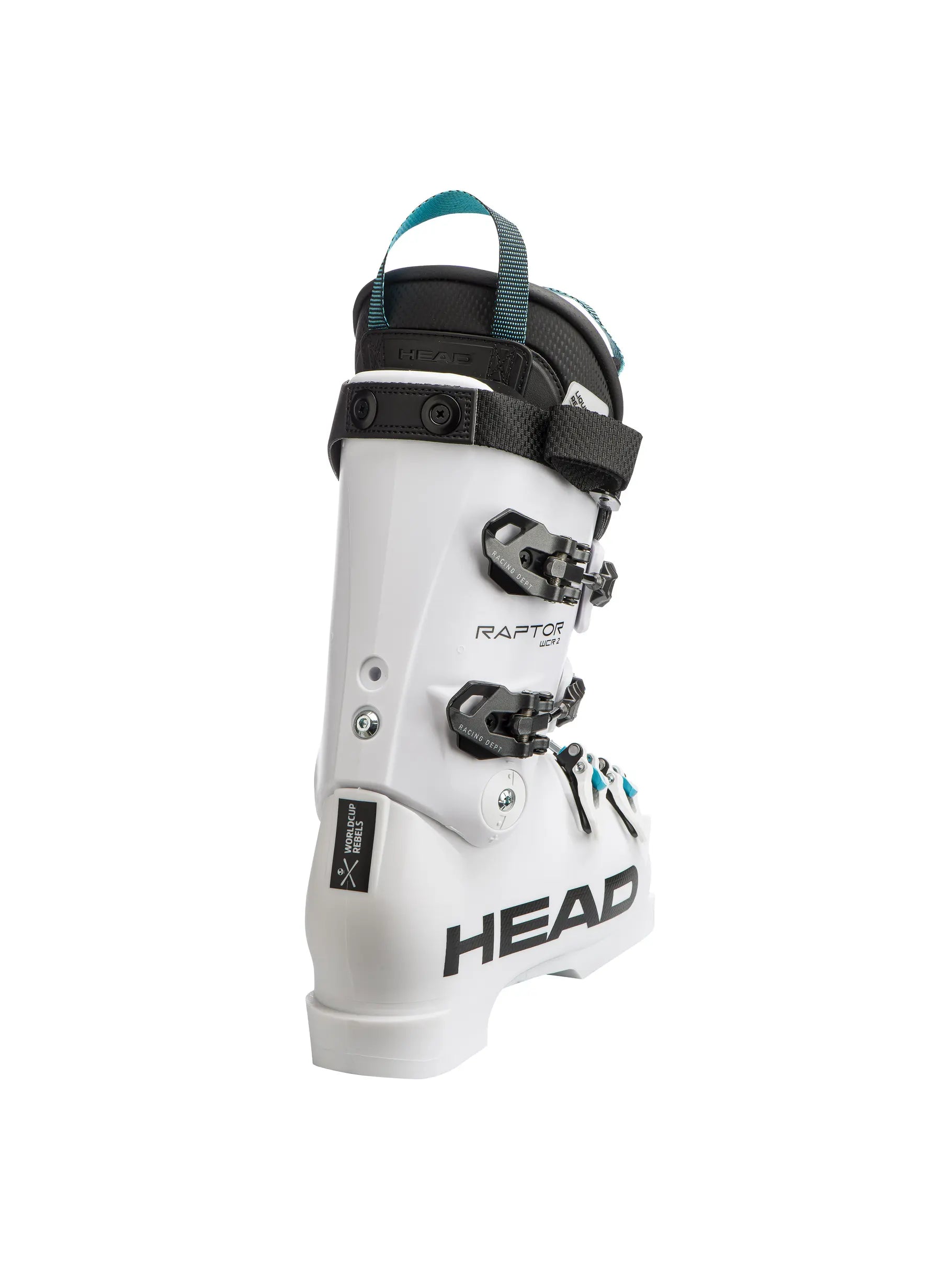 Der Head Raptor WCR 2 RV White 2026/2027 Skischuh in Weiß mit schwarzen Akzenten und Schnallen ist von hinten schräg vor einem einfarbig weißen Hintergrund abgebildet - gebaut für die Rennleistung, auf die Profisportler vertrauen.