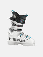 Der Head Raptor WCR 3 RV White 2026/2027 Skischuh verfügt über schwarze und blaue Akzente, vier Schnallen, einen Klettverschluss und ein auffälliges HEAD-Logo für einen Race-Performance-Look mit modernem, sportlichem Design.