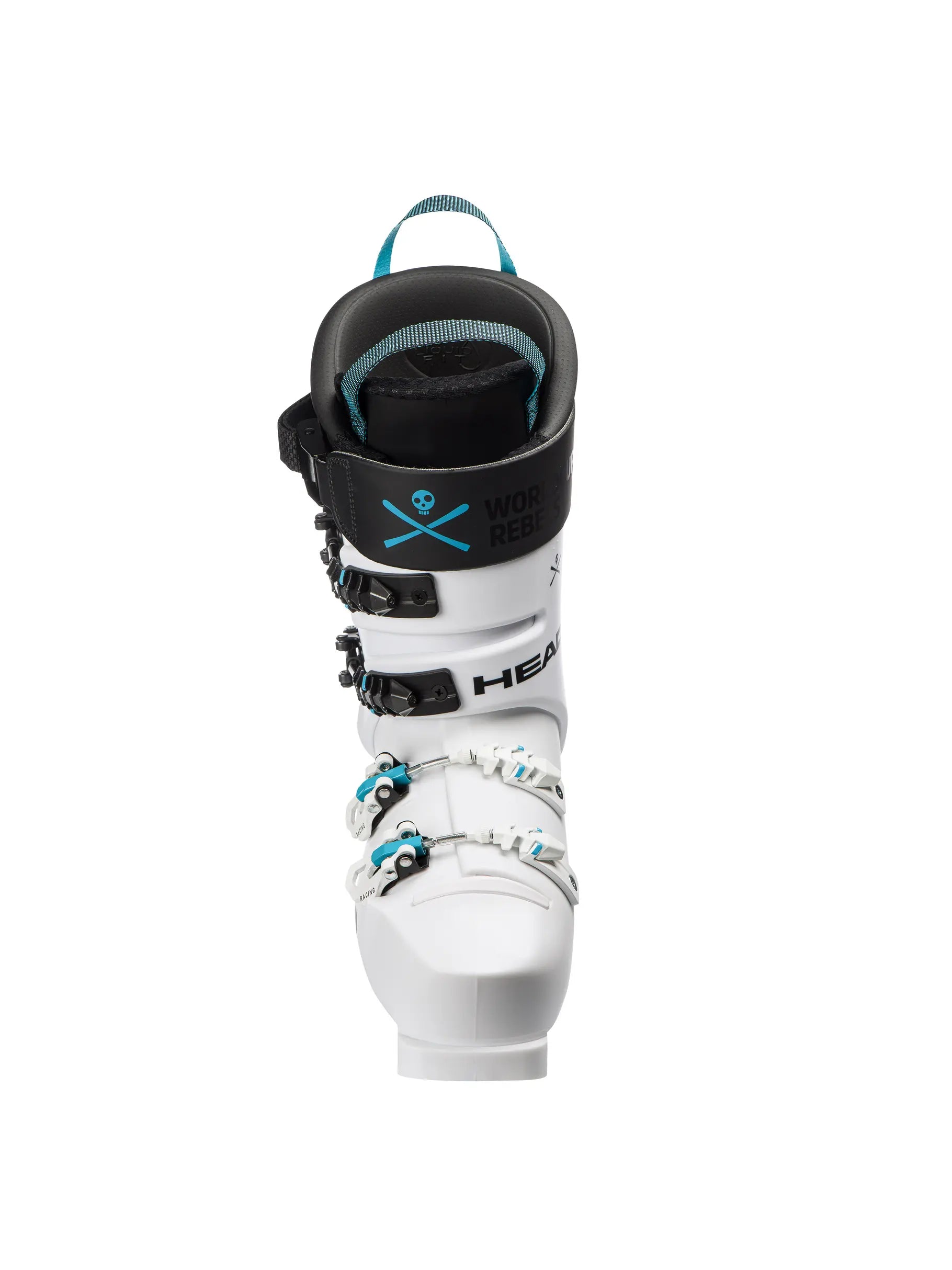 Der Head Raptor WCR 3 RV White 2026/2027 Skischuh von Head hat eine weiße Schale mit schwarzen und blaugrünen Akzenten, drei Schnallen, einen Power Strap, ein Worldcup Rebels-Logo und ein auffälliges HEAD-Branding, das von vorne sichtbar ist.