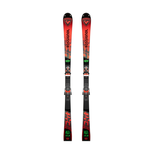 Rossignol Hero Athlete SL 150 Slalom Rennski mit SPX Bindung – Hochpräziser Slalomski für den alpinen Skirennsport in auffälligem Rot-Schwarz-Design mit grünem A11-Label.