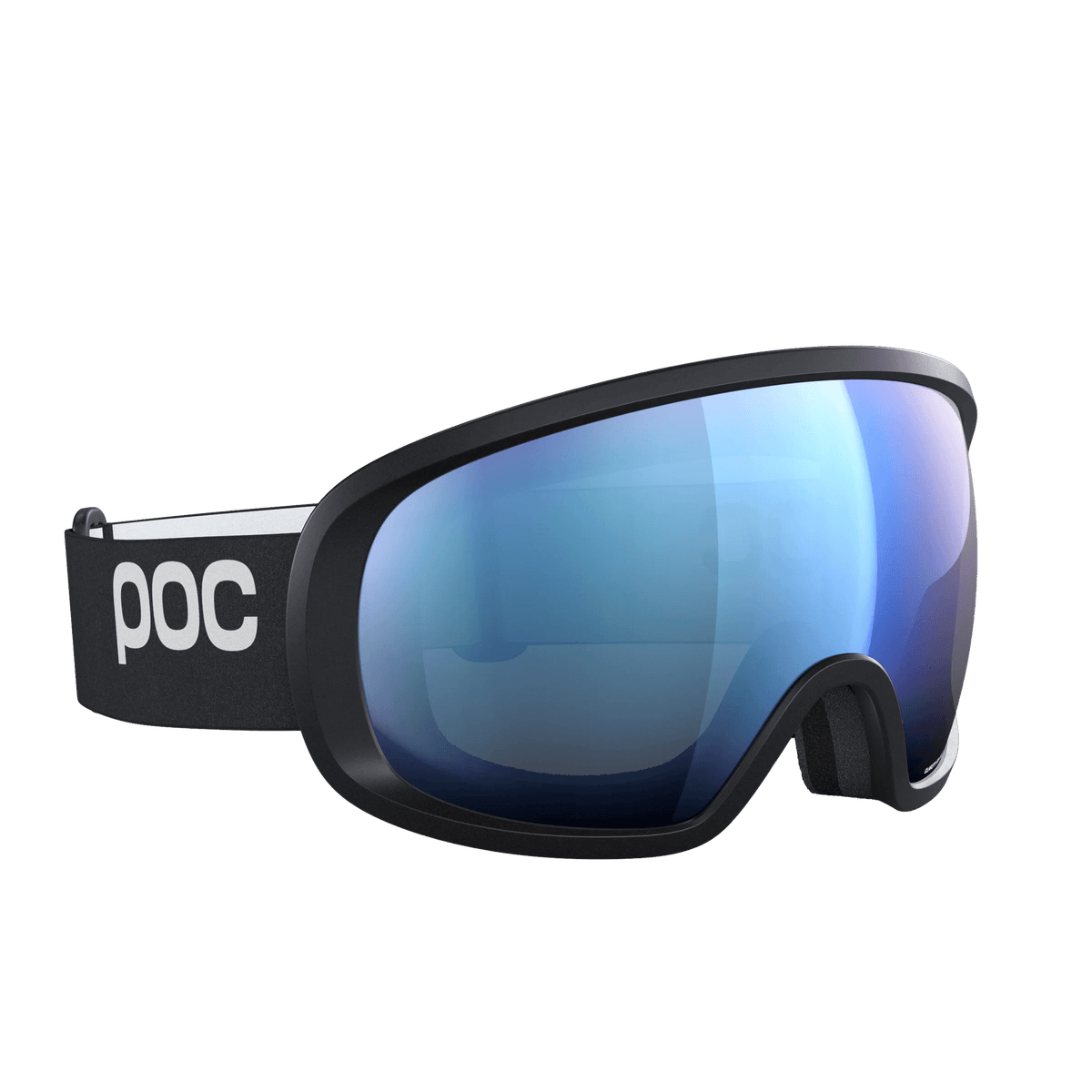 Eine schwarze POC Fovea Schwimmbrille von POC Sports mit einer breiten, reflektierenden blauen Clarity-Scheibe und "POC" in Weiß auf dem verstellbaren Band.