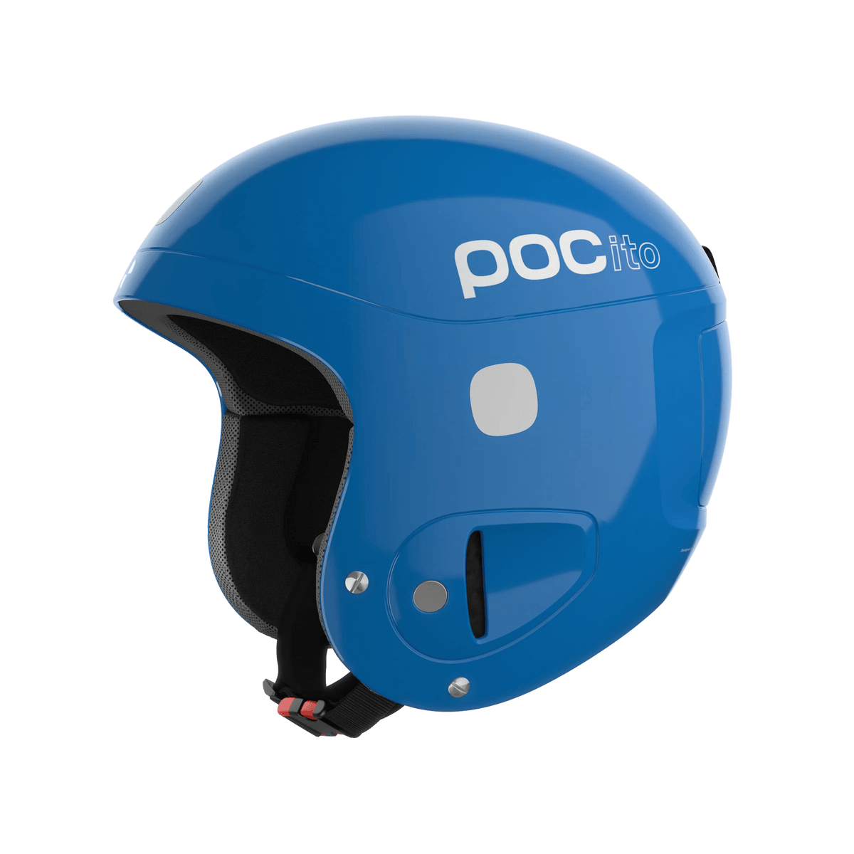 Der POC Sports POCito Skull ist ein blauer Skihelm mit dem weißen Schriftzug "pocito" an der Seite, schwarzer Innenpolsterung und einem schwarzen, verstellbaren Kinnriemen mit roter Schließe.