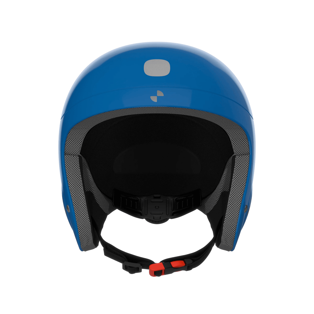 Frontansicht des POC Sports POCito Skull Helms in Blau mit schwarzer und grauer Innenpolsterung, einem verstellbaren schwarzen Kinnriemen und einer roten Schnalle.