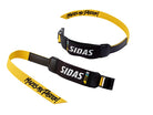 Zwei gelb-schwarze Sidas Powerstrap P3 Gurte von Sidas mit "SIDAS"-Aufschrift und "MAKES ME FASTER!" auf den gelben Enden, mit schwarzen Schnallen und Polsterung für die Skischuhe Kontrolle oder den sicheren Transport der Ausrüstung.