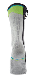 Die Sidas SIDAS Ski race S.E.T. Socken in Grau mit grünen und blauen Akzenten sind von hinten zu sehen und haben einen vertikalen schwarzen Reißverschluss an der Seite.