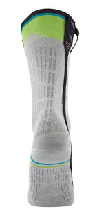 Die Sidas SIDAS Ski race S.E.T. Socken in Grau mit grünen und blauen Akzenten sind von hinten zu sehen und haben einen vertikalen schwarzen Reißverschluss an der Seite.