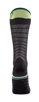 Die Sidas Ski Ultrafit Race Socke ist eine einfache schwarze Sportsocke mit einem hellgrünen Oberband und weiß-blauen Akzenten im Knöchelbereich, die ein gitterartiges Muster im gesamten Gewebe aufweist.