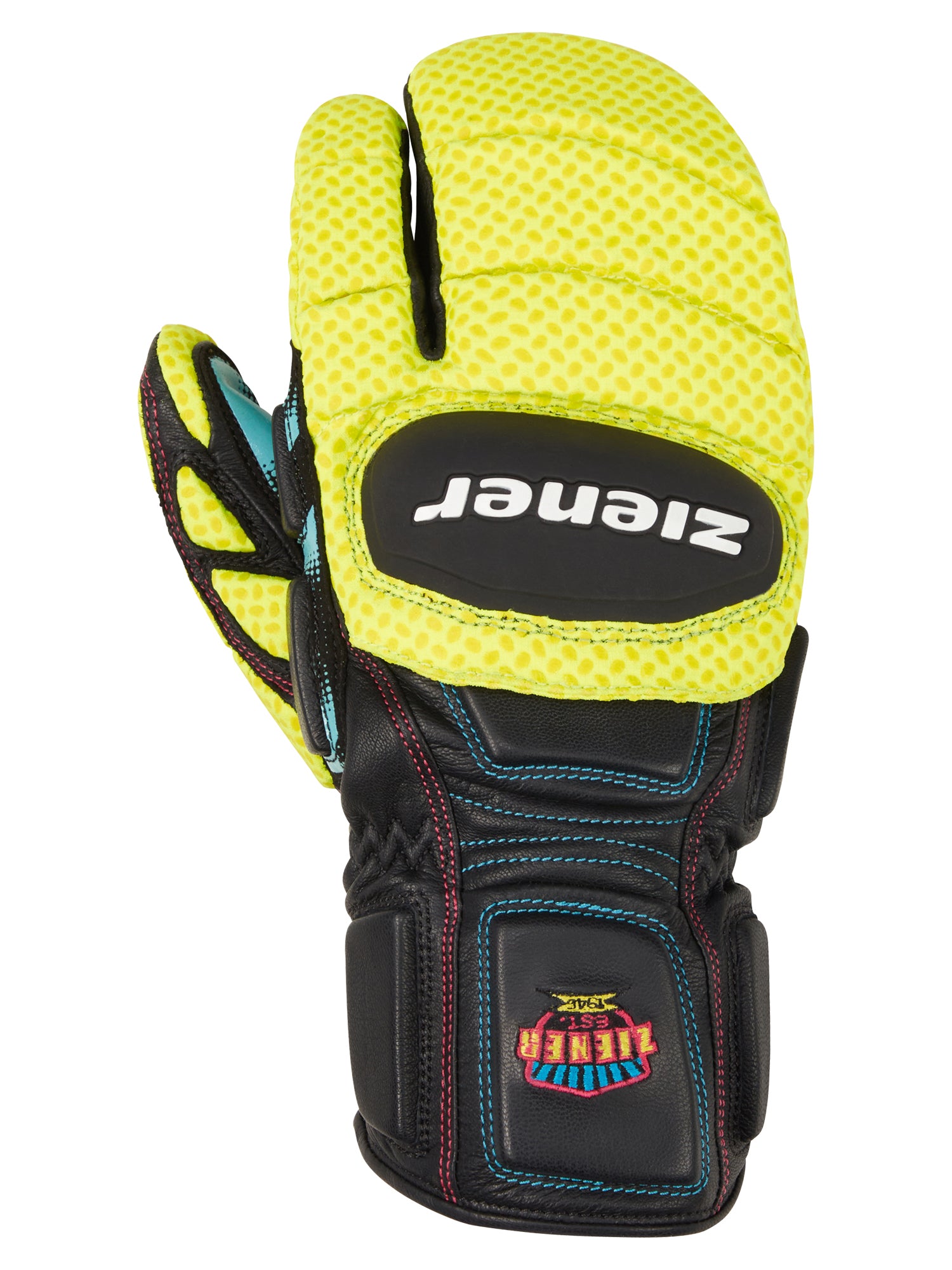 Ziener Lobster Herren-Rennhandschuh mit robuster Knöchelpolsterung und ergonomischem Fingerdesign in Gelb und Schwarz – optimaler Schutz für professionelle Skifahrer.