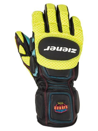 Ziener Herren-Rennhandschuh für den Skisport mit robustem Knöchelschutz, auffälligem Gelb-Schwarz-Design und hochwertigem Leder – ideal für professionelle Rennfahrer.