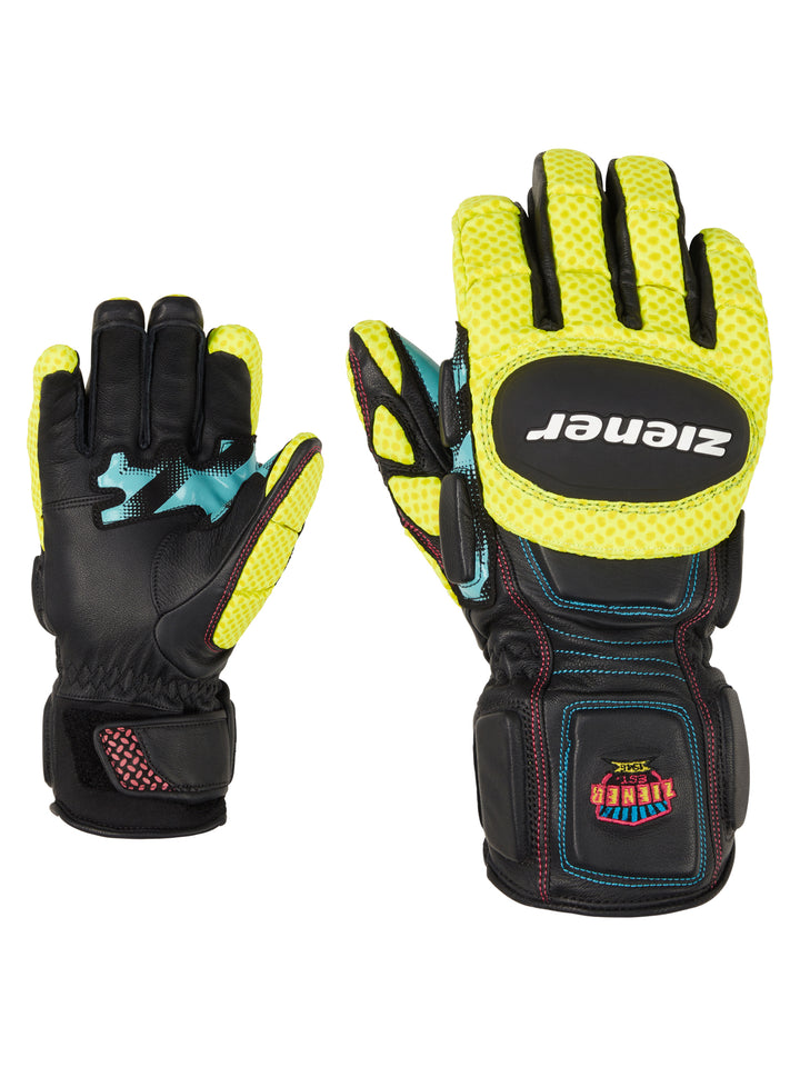 Ziener Skihandschuhe für Herren mit auffälligem gelb-schwarzem Design, stoßdämpfenden Protektoren und robuster Handinnenfläche – ideal für den Rennsport-Einsatz.