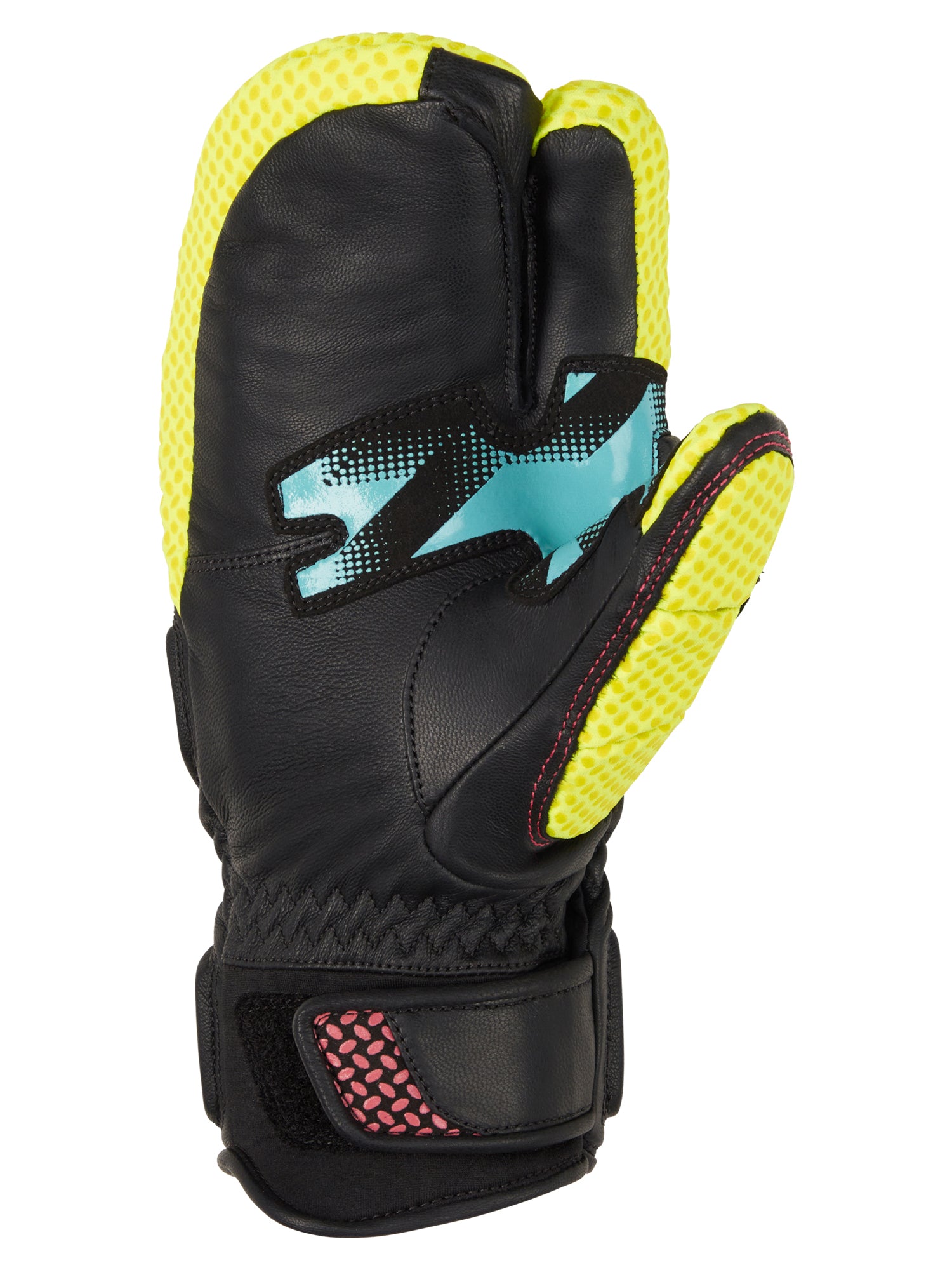 Renn-Fäustling für Herren von Ziener mit schwarzer Lederinnenhand und gelber Verstärkung – ideal für extreme Bedingungen im alpinen Skisport.